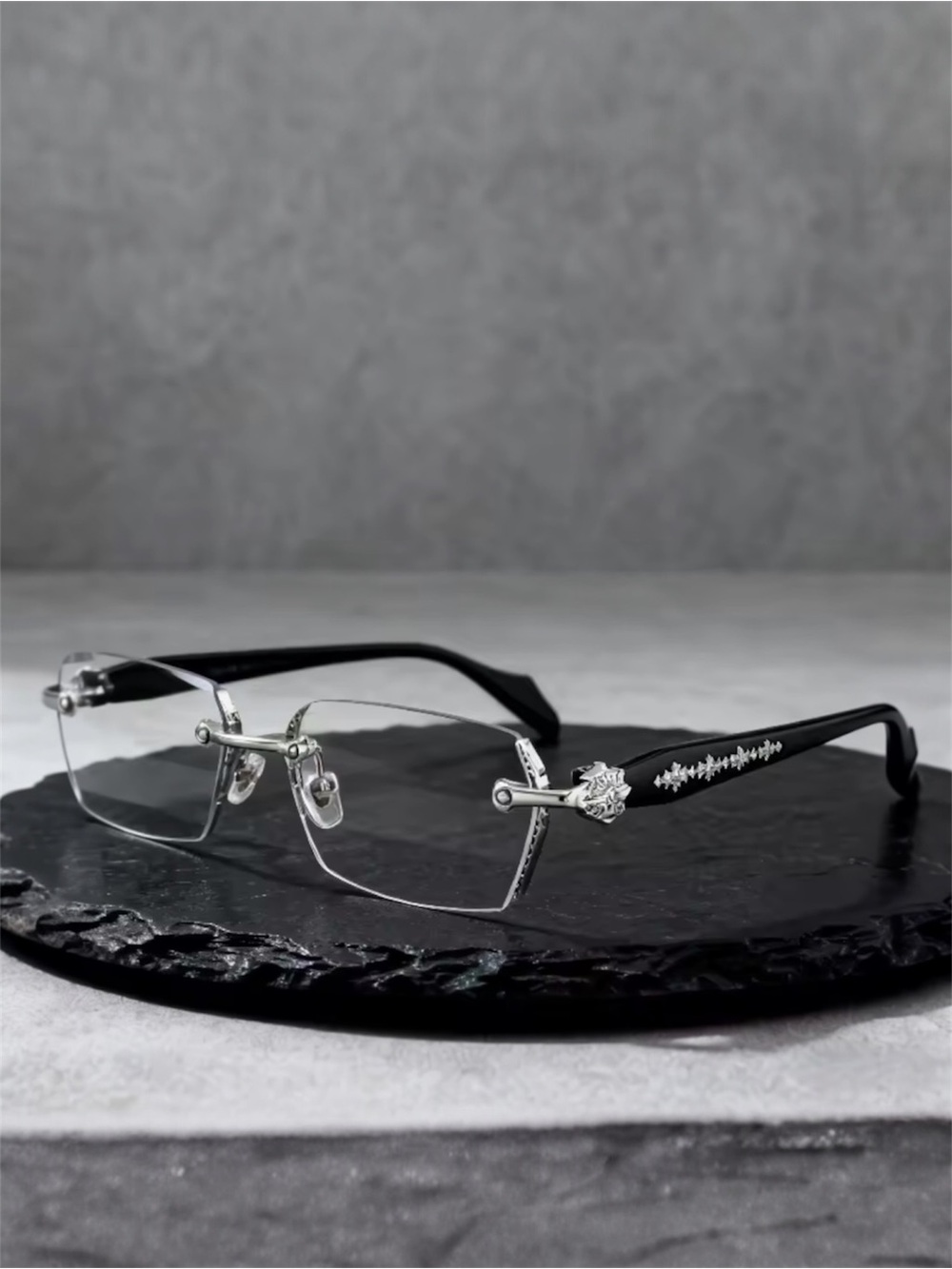 Rimless Silver & Black Decorative Temple Glasses